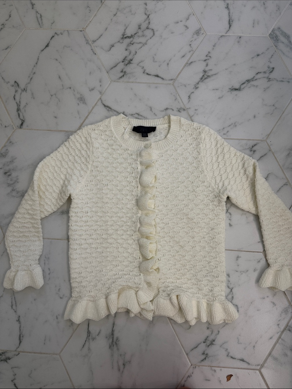 Zara Women's Cream Ruffle-Trim Knit Sweater Cardigan